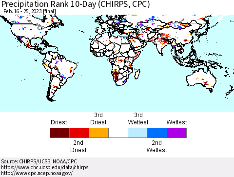 World Precipitation Rank since 1981, 10-Day (CHIRPS) Thematic Map For 2/16/2023 - 2/25/2023