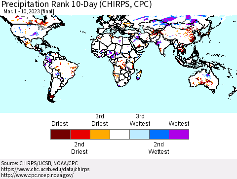 World Precipitation Rank since 1981, 10-Day (CHIRPS) Thematic Map For 3/1/2023 - 3/10/2023