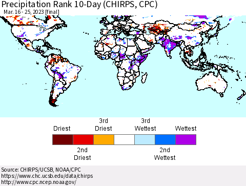 World Precipitation Rank since 1981, 10-Day (CHIRPS) Thematic Map For 3/16/2023 - 3/25/2023