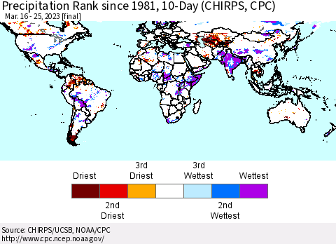 World Precipitation Rank since 1981, 10-Day (CHIRPS) Thematic Map For 3/16/2023 - 3/25/2023