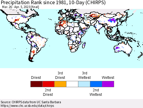 World Precipitation Rank since 1981, 10-Day (CHIRPS) Thematic Map For 3/26/2023 - 4/5/2023