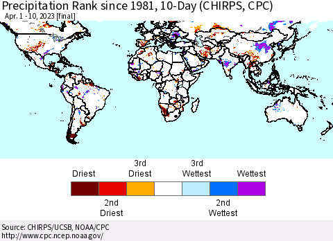 World Precipitation Rank since 1981, 10-Day (CHIRPS) Thematic Map For 4/1/2023 - 4/10/2023