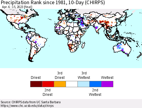 World Precipitation Rank since 1981, 10-Day (CHIRPS) Thematic Map For 4/6/2023 - 4/15/2023