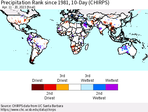 World Precipitation Rank since 1981, 10-Day (CHIRPS) Thematic Map For 4/11/2023 - 4/20/2023