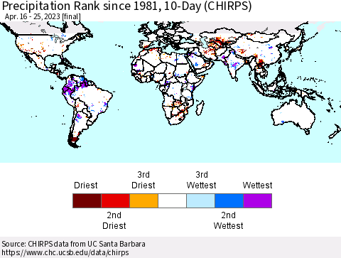 World Precipitation Rank since 1981, 10-Day (CHIRPS) Thematic Map For 4/16/2023 - 4/25/2023