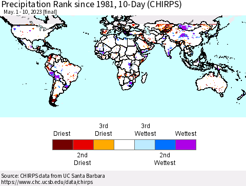 World Precipitation Rank since 1981, 10-Day (CHIRPS) Thematic Map For 5/1/2023 - 5/10/2023