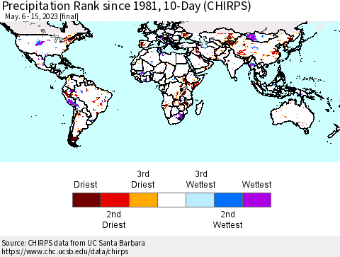 World Precipitation Rank since 1981, 10-Day (CHIRPS) Thematic Map For 5/6/2023 - 5/15/2023