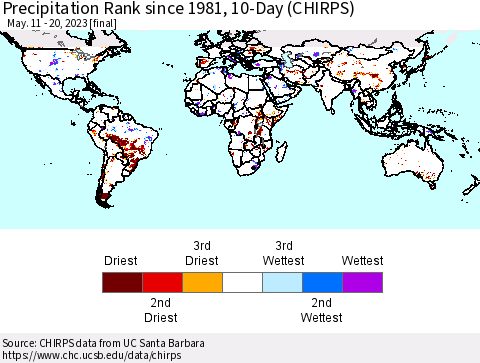 World Precipitation Rank since 1981, 10-Day (CHIRPS) Thematic Map For 5/11/2023 - 5/20/2023