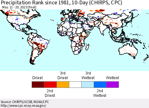 World Precipitation Rank since 1981, 10-Day (CHIRPS) Thematic Map For 5/11/2023 - 5/20/2023