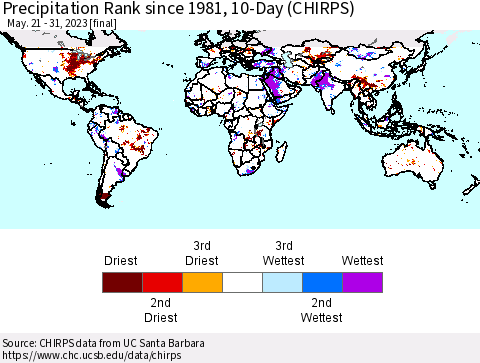 World Precipitation Rank since 1981, 10-Day (CHIRPS) Thematic Map For 5/21/2023 - 5/31/2023