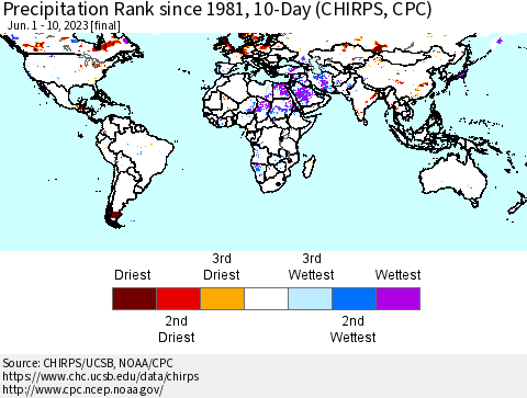 World Precipitation Rank since 1981, 10-Day (CHIRPS) Thematic Map For 6/1/2023 - 6/10/2023