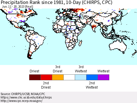 World Precipitation Rank since 1981, 10-Day (CHIRPS) Thematic Map For 6/11/2023 - 6/20/2023