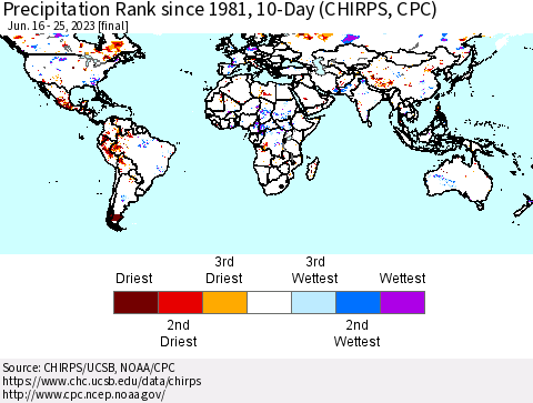 World Precipitation Rank since 1981, 10-Day (CHIRPS) Thematic Map For 6/16/2023 - 6/25/2023