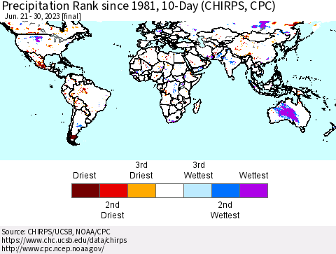 World Precipitation Rank since 1981, 10-Day (CHIRPS) Thematic Map For 6/21/2023 - 6/30/2023