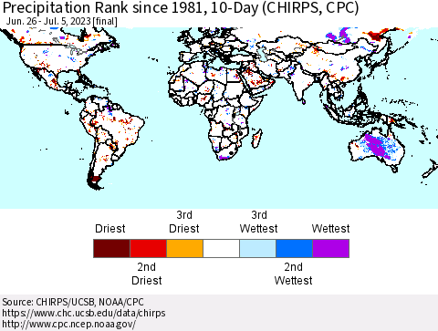 World Precipitation Rank since 1981, 10-Day (CHIRPS) Thematic Map For 6/26/2023 - 7/5/2023