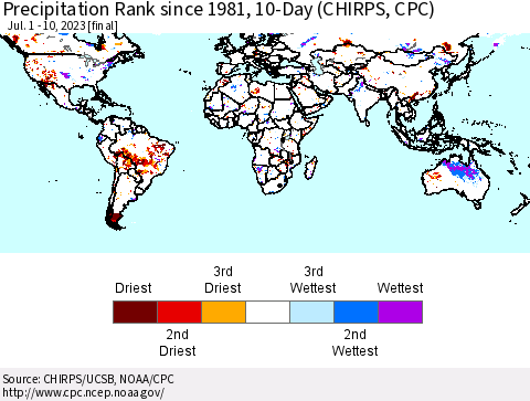 World Precipitation Rank since 1981, 10-Day (CHIRPS) Thematic Map For 7/1/2023 - 7/10/2023