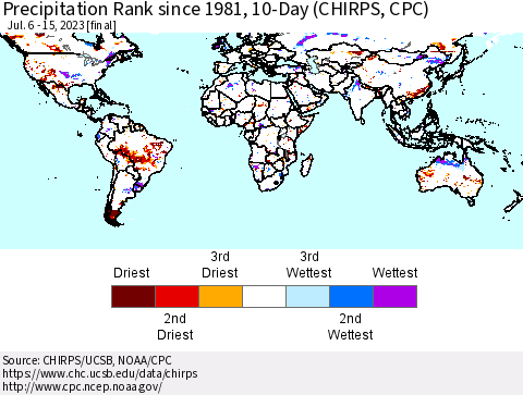World Precipitation Rank since 1981, 10-Day (CHIRPS) Thematic Map For 7/6/2023 - 7/15/2023