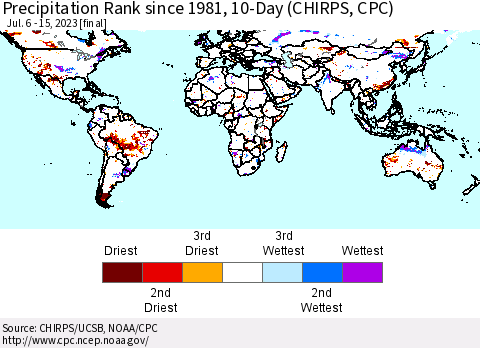 World Precipitation Rank since 1981, 10-Day (CHIRPS) Thematic Map For 7/6/2023 - 7/15/2023