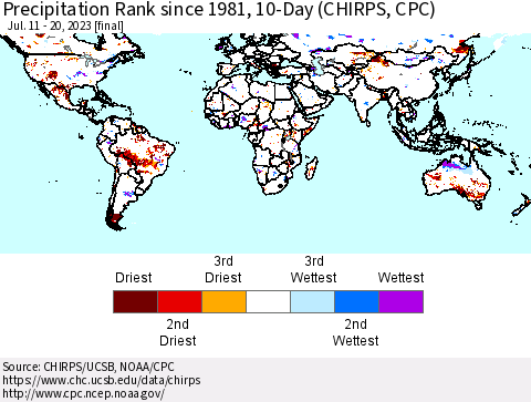 World Precipitation Rank since 1981, 10-Day (CHIRPS) Thematic Map For 7/11/2023 - 7/20/2023
