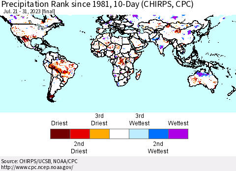 World Precipitation Rank since 1981, 10-Day (CHIRPS) Thematic Map For 7/21/2023 - 7/31/2023