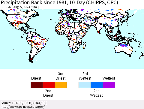 World Precipitation Rank since 1981, 10-Day (CHIRPS) Thematic Map For 7/26/2023 - 8/5/2023