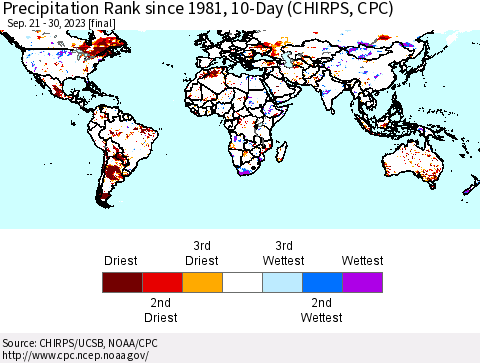 World Precipitation Rank since 1981, 10-Day (CHIRPS) Thematic Map For 9/21/2023 - 9/30/2023