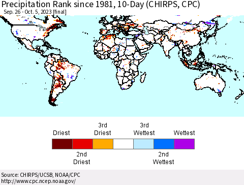 World Precipitation Rank since 1981, 10-Day (CHIRPS) Thematic Map For 9/26/2023 - 10/5/2023
