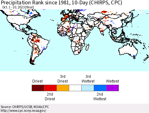 World Precipitation Rank since 1981, 10-Day (CHIRPS) Thematic Map For 10/1/2023 - 10/10/2023