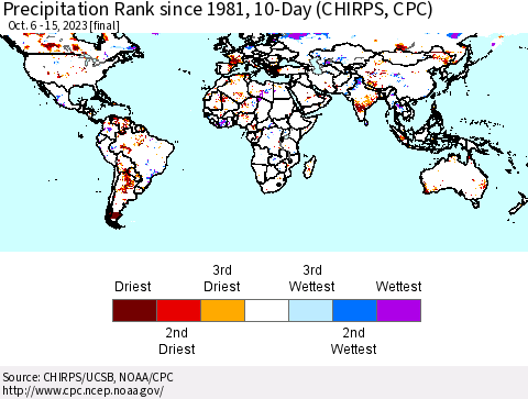 World Precipitation Rank since 1981, 10-Day (CHIRPS) Thematic Map For 10/6/2023 - 10/15/2023