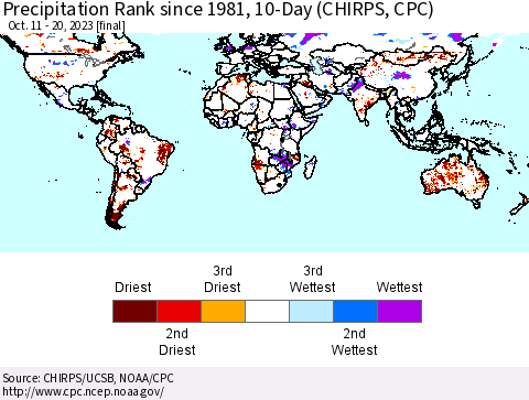 World Precipitation Rank since 1981, 10-Day (CHIRPS) Thematic Map For 10/11/2023 - 10/20/2023