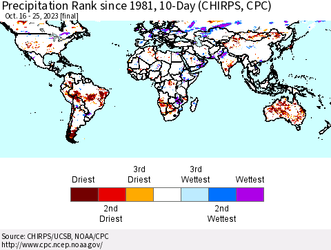 World Precipitation Rank since 1981, 10-Day (CHIRPS) Thematic Map For 10/16/2023 - 10/25/2023