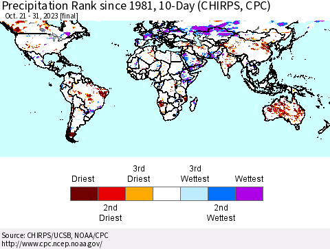 World Precipitation Rank since 1981, 10-Day (CHIRPS) Thematic Map For 10/21/2023 - 10/31/2023