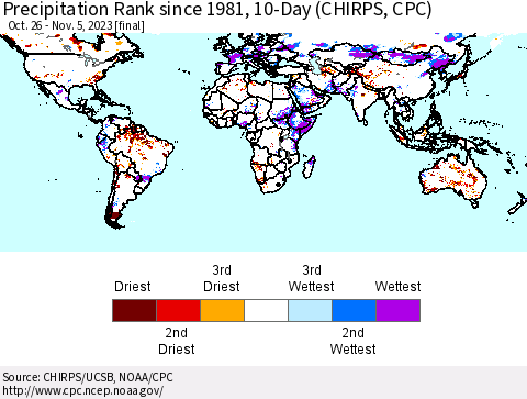 World Precipitation Rank since 1981, 10-Day (CHIRPS) Thematic Map For 10/26/2023 - 11/5/2023