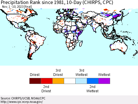 World Precipitation Rank since 1981, 10-Day (CHIRPS) Thematic Map For 11/1/2023 - 11/10/2023