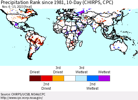 World Precipitation Rank since 1981, 10-Day (CHIRPS) Thematic Map For 11/6/2023 - 11/15/2023