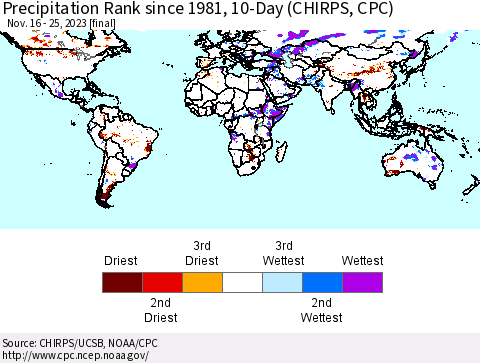 World Precipitation Rank since 1981, 10-Day (CHIRPS) Thematic Map For 11/16/2023 - 11/25/2023