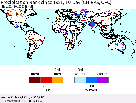 World Precipitation Rank since 1981, 10-Day (CHIRPS) Thematic Map For 11/21/2023 - 11/30/2023