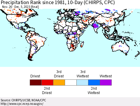 World Precipitation Rank since 1981, 10-Day (CHIRPS) Thematic Map For 11/26/2023 - 12/5/2023