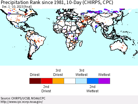 World Precipitation Rank since 1981, 10-Day (CHIRPS) Thematic Map For 12/1/2023 - 12/10/2023