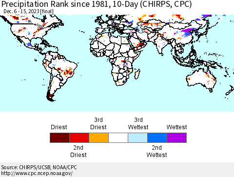 World Precipitation Rank since 1981, 10-Day (CHIRPS) Thematic Map For 12/6/2023 - 12/15/2023