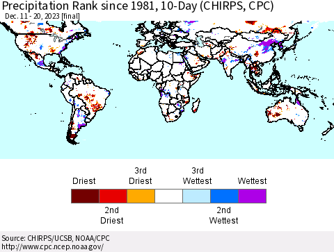 World Precipitation Rank since 1981, 10-Day (CHIRPS) Thematic Map For 12/11/2023 - 12/20/2023
