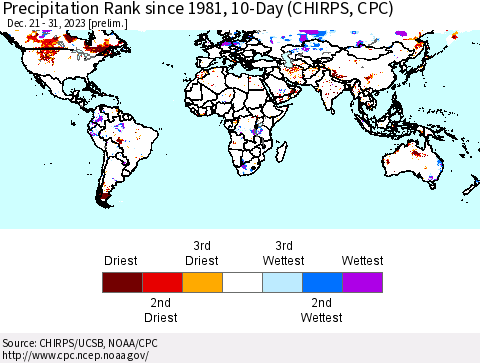 World Precipitation Rank since 1981, 10-Day (CHIRPS) Thematic Map For 12/21/2023 - 12/31/2023