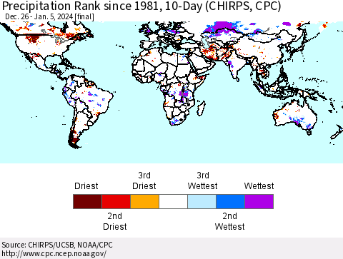 World Precipitation Rank since 1981, 10-Day (CHIRPS) Thematic Map For 12/26/2023 - 1/5/2024