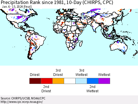 World Precipitation Rank since 1981, 10-Day (CHIRPS) Thematic Map For 1/6/2024 - 1/15/2024
