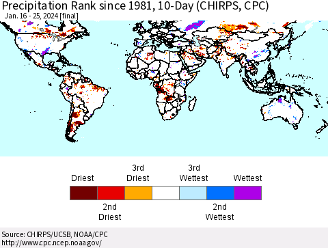 World Precipitation Rank since 1981, 10-Day (CHIRPS) Thematic Map For 1/16/2024 - 1/25/2024