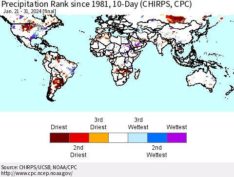 World Precipitation Rank since 1981, 10-Day (CHIRPS) Thematic Map For 1/21/2024 - 1/31/2024