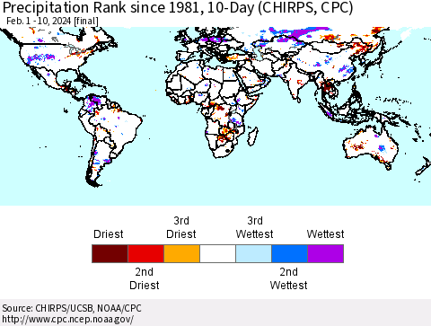 World Precipitation Rank since 1981, 10-Day (CHIRPS) Thematic Map For 2/1/2024 - 2/10/2024