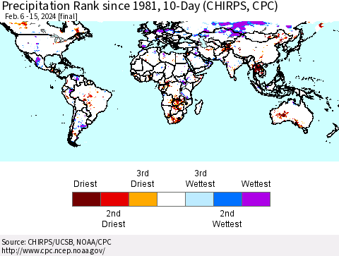 World Precipitation Rank since 1981, 10-Day (CHIRPS) Thematic Map For 2/6/2024 - 2/15/2024