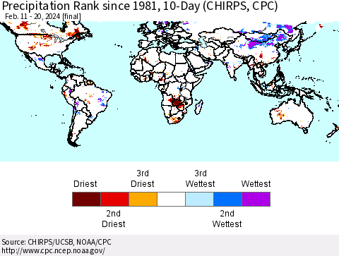 World Precipitation Rank since 1981, 10-Day (CHIRPS) Thematic Map For 2/11/2024 - 2/20/2024