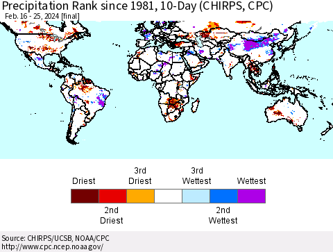 World Precipitation Rank since 1981, 10-Day (CHIRPS) Thematic Map For 2/16/2024 - 2/25/2024